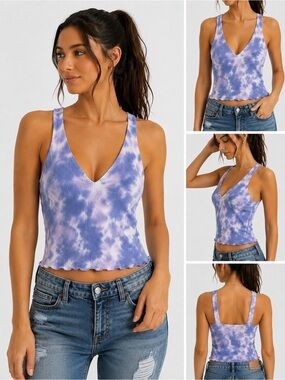 NWT Blue Ribbed Tie-Dye Forever 21 Purple + White Knit Cropped V-Neck Tank Top S